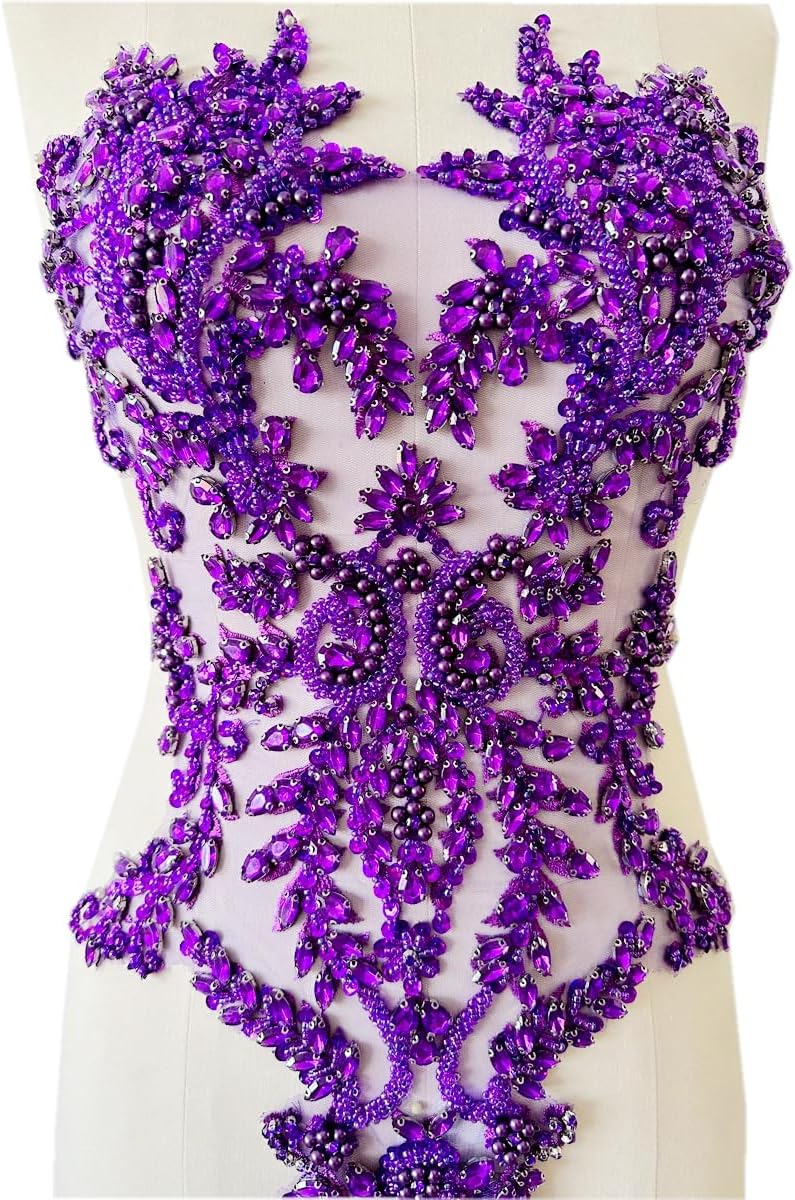 PLune Handmade Shiny Rhinestones Applique handsewing Beaded Sequins Crystal on lace Trim Patches for Prom Dress Clothing Decorative Accessories (Pueple) - Image 2